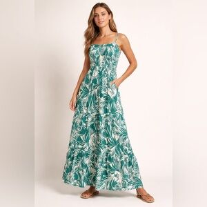 Sanctuary Maxi Dress | Tropical Floral Smocked Resort Green White | Size Large